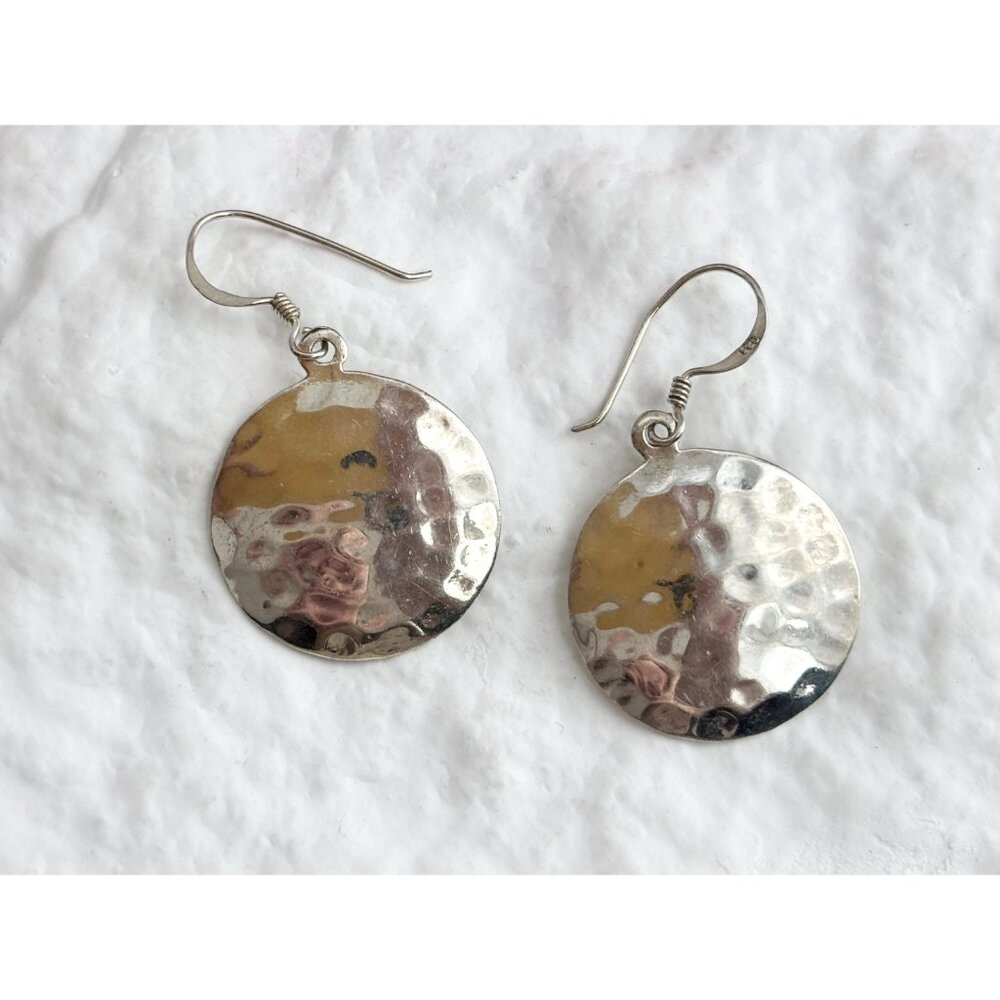 Thai made Round Minimalist Hammered Vintage Sterling Silver 925 Earrings - Picture 4 of 13